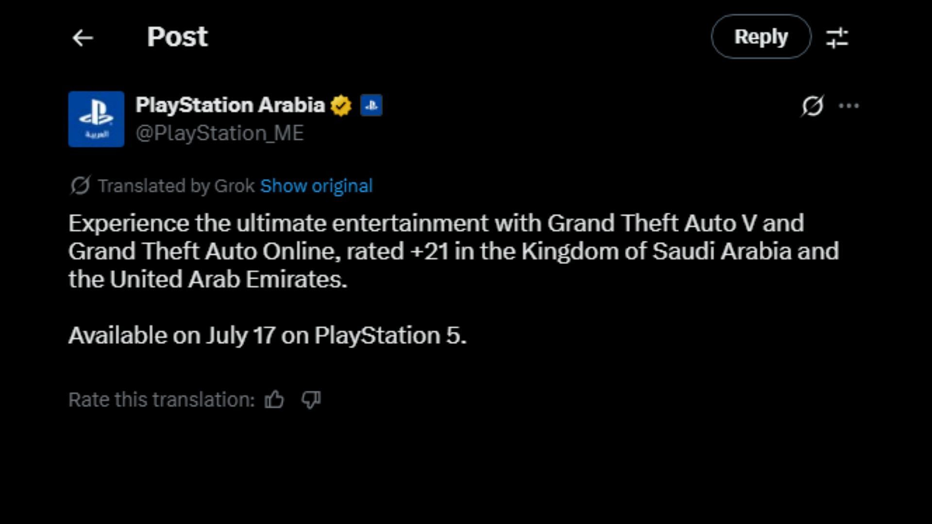 PlayStation Arabia's translated tweet regarding Grand Theft Auto 5's Saudi Arabia launch (Image via X/@PlayStation_ME)